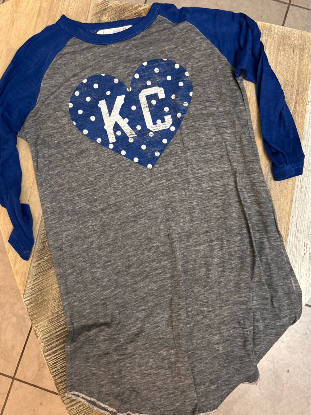 Women’s Long Sleeve Raglan Tee with Blue Heart KC Graphic - Gray/Blue